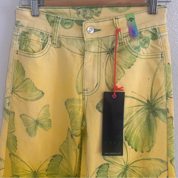 NWT VBRT Vibrant Miu Butterfly Print Yellow Green Wide Leg Fairycore Jeans S - Picture 3 of 13